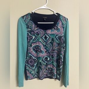 Talbots Blue Purple Paisley Button Up Cardigan Sweater Size Medium